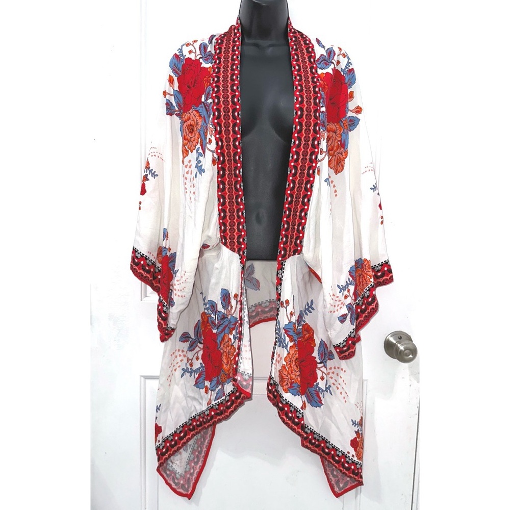 Flying Tomato White Floral Kimono with Red Trim